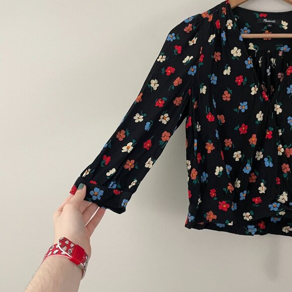 Madewell Wrap Top in Pressed Flowers Manet True Black Size Small - Picture 5 of 7